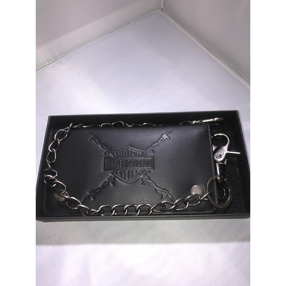 Harley-Davidson Mens Black Leather Drag Race Trucker Chain Wallet HDMWA11676